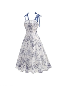 Abito midi bianco a trapezio con stampa Toile de Jouy blu e spalline in nastro di raso blu