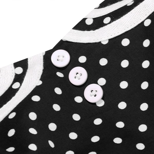 Detailed macro view of white buttons and vintage polka dot cotton fabric on red dress