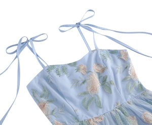 Detail of light blue mesh dress with pink floral embroidery and tie-up ribbon straps