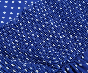 Détail d'une robe bleue à pois blancs présentant une texture de tissu smocké élastique