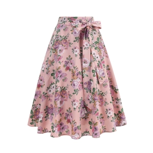 Pink floral A-line midi skirt with high waist bow tie design for elegant summer style