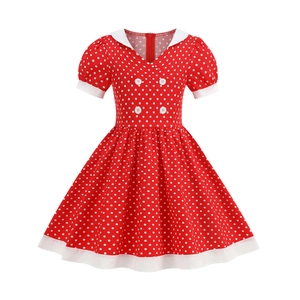 Girl's red polka dot dress with white lapel collar and vintage A-line flared skirt