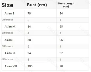 Size chart table for women vintage V-neck dress showing chest and length measurements in cm