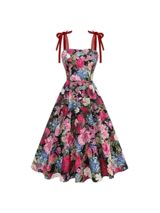 Abito midi a fiori linea A con stampa rosa e spalline a fiocco in velluto rosso