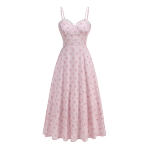 Detailed view of pink floral dress featuring delicate lace trim and sweetheart neckline