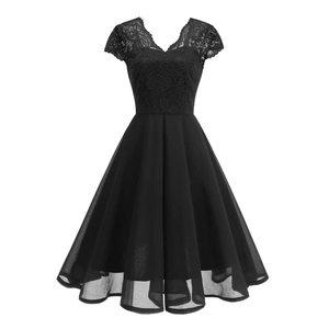 Women's Elegant V-Neck Lace Patchwork Midi Dress Short Sleeve Vintage A-Line Chiffon Pleated Skirt Cocktail Party Evening Dress