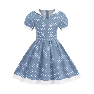 Vintage girls blue polka dot A-line dress with puff sleeves and Peter Pan collar