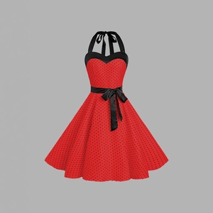 Robe Midi Vintage Dos Nu à Pois Pour Femmes Décolleté en Cœur Trapèze Swing Robe de Fête Avec Ceinture en Satin Rétro