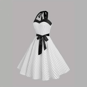 Robe licou rétro blanche à pois avec décolleté en cœur noir et ceinture à nœud en ruban