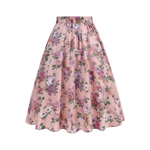 Detailed view of pink floral A-line skirt with elastic high waist and chiffon texture