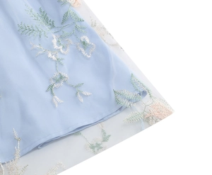 Detailed view of floral embroidery on light blue mesh fabric with delicate pastel petals
