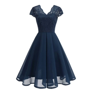 Elegant navy blue V-neck lace dress with chiffon A-line skirt for formal parties