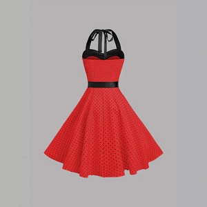 Robe dos nu vintage à pois rouges avec taille noire et jupe évasée élégante