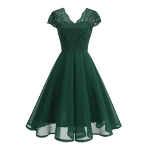 Elegant dark green V-neck lace chiffon dress with short sleeves and high waist design
