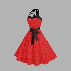 Robe dos nu rétro à pois rouges avec décolleté en cœur et ceinture en satin noir