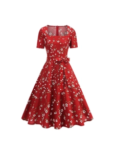 Women Vintage French Style Red Floral Print Midi Dress Square Neck Short Sleeve A-Line Party Dress With Bow Belt Elegant