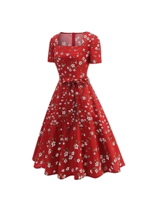 French style red floral maxi dress with square neck and waist tie ribbon in a full view