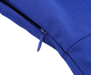 Detail of the high-quality invisible zipper on a royal blue V-neck dress fabric