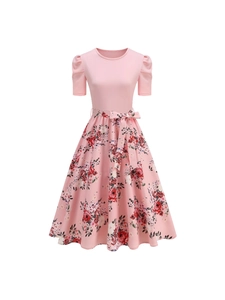 Abito Midi Rosa Floreale Donna Manica a Sbuffo Dolce Linea a Trapezio Retro Stampato Manica Corta Cintura Elegante Abiti Festa