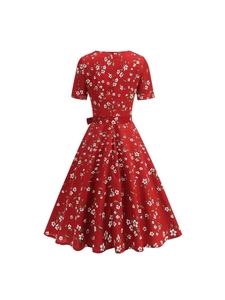 Vintage red floral midi dress with square neck and back view showing waist tie detail