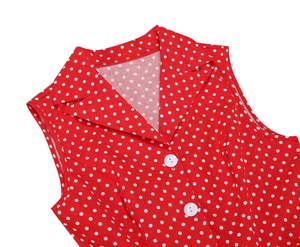 Détail d'une robe rouge à pois avec col à col revers rétro et boutons blancs sur fond blanc
