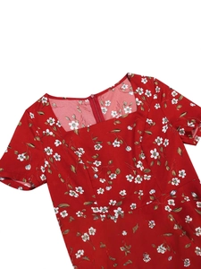 Red French floral midi dress with square neck and back zipper closure details