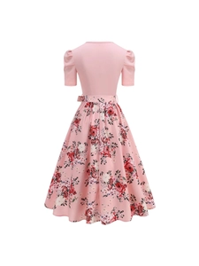 Abito midi rosa vintage floreale con maniche a sbuffo e cintura a fiocco, vista retro