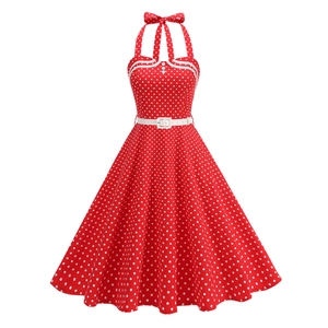 Vintage 1950s Halter Polka Dot Midi Dress For Women Retro A-Line Swing Party Dress With Matching Belt