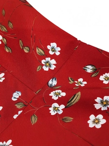 French style red floral dress with retro waist cinching and square neck patterns