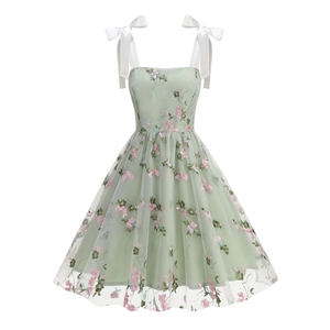 Women Elegant Mesh Floral Embroidery Cami Dress Sweet Satin Bow Straps A-Line Midi Dress Summer Party Vacation Sun Dress