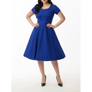 Vintage V-Neck Short Sleeve A-Line Midi Dress With Bow Acetate Blend Hepburn Style Retro Party Dress For Women