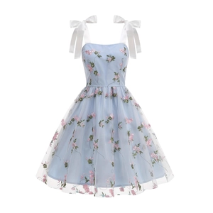 Elegant light blue mesh dress with pink floral embroidery and white ribbon straps