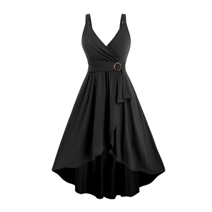 Damen V-Ausschnitt Ärmelloses Kleid Mit Vokuhila-Saum Elegant Schmale Taille Mit Schnalle Einfarbig Midi-Kleid