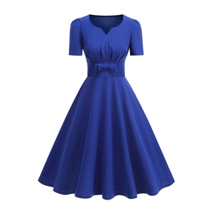 Royal blue V-neck short sleeve A-line dress with pleated waist and bow detail