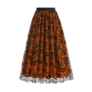 Women's Vintage Mesh Midi Skirt Embroidered Floral High Waist A-Line Swing Skirt Retro Party Casual Skirt For Women