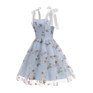 Elegant light blue mesh dress with floral embroidery and white ribbon shoulder bows