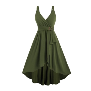 Olivgrünes Kleid mit V-Ausschnitt, Vokuhila-Saum und Taillenschnalle für Damen