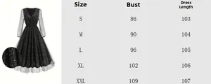Size guide for the V-neck long sleeve black dress with mesh sleeves and sequin details