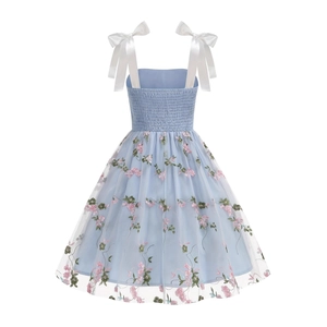 Elegant light blue mesh dress for girls with floral embroidery and white shoulder bows
