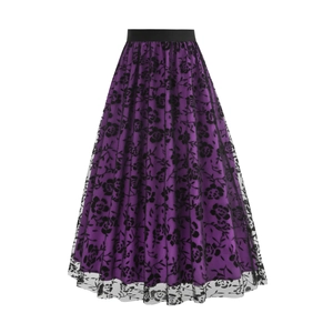 Detail of floral flocked mesh overlay with purple lining on high-waist A-line skirt