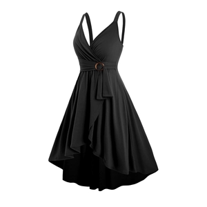 Elegantes schwarzes V-Ausschnitt Kleid mit High-Low-Saum und Taillenschnalle