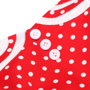 Close-up of three white buttons and lace trim on red polka dot cotton A-line dress