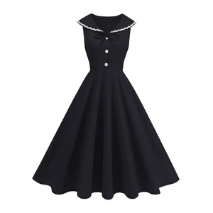 Robe de soirée noire ligne A rétro avec col en dentelle, nœud et boutons blancs décoratifs