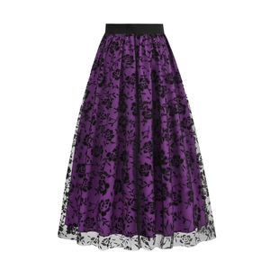 Detail of vintage 50s high waist purple skirt with black floral mesh overlay and elastic waist