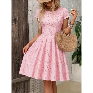Women Summer Vintage Floral Print A-Line Midi Dress Short Sleeve Round Neck Slim Casual Pink Knee Length Party Dress