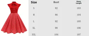 Size chart showing bust and length measurements for the vintage red polka dot dress