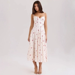 Vintage French Floral Camisole Midi Dress For Women Lace V Neck Elegant Embroidery Smocked Back Summer Vacation Dress