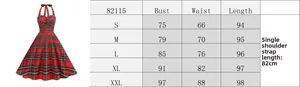 Size chart for vintage red plaid Christmas dress including bust, waist, and length measurements