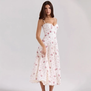 Vintage floral corset dress with pink embroidery and white spaghetti straps for summer