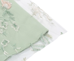 Detailed close-up of floral embroidery on a light green mesh and tulle evening dress